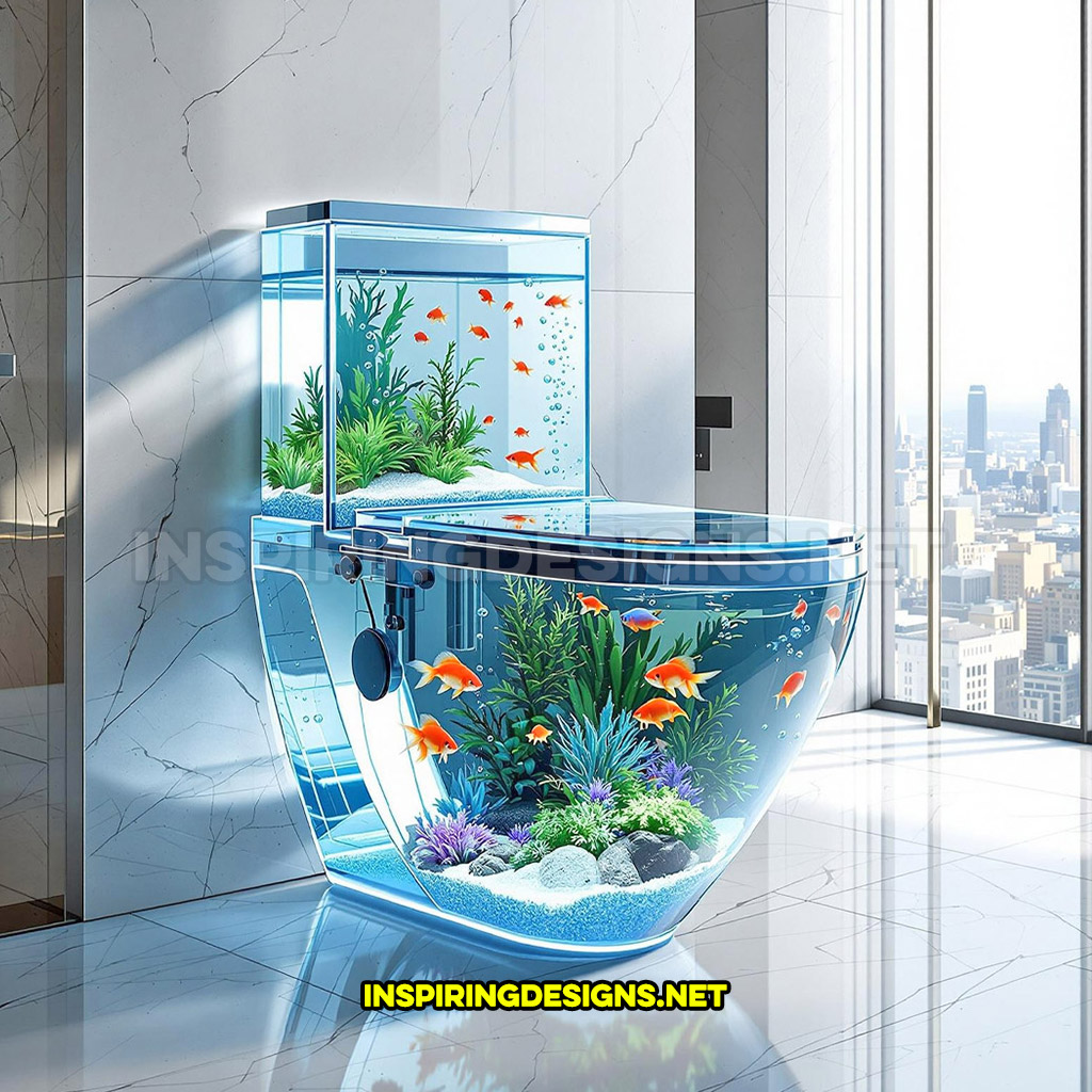 aquarium toilet in an all glass design with visible plumbing in a modern home