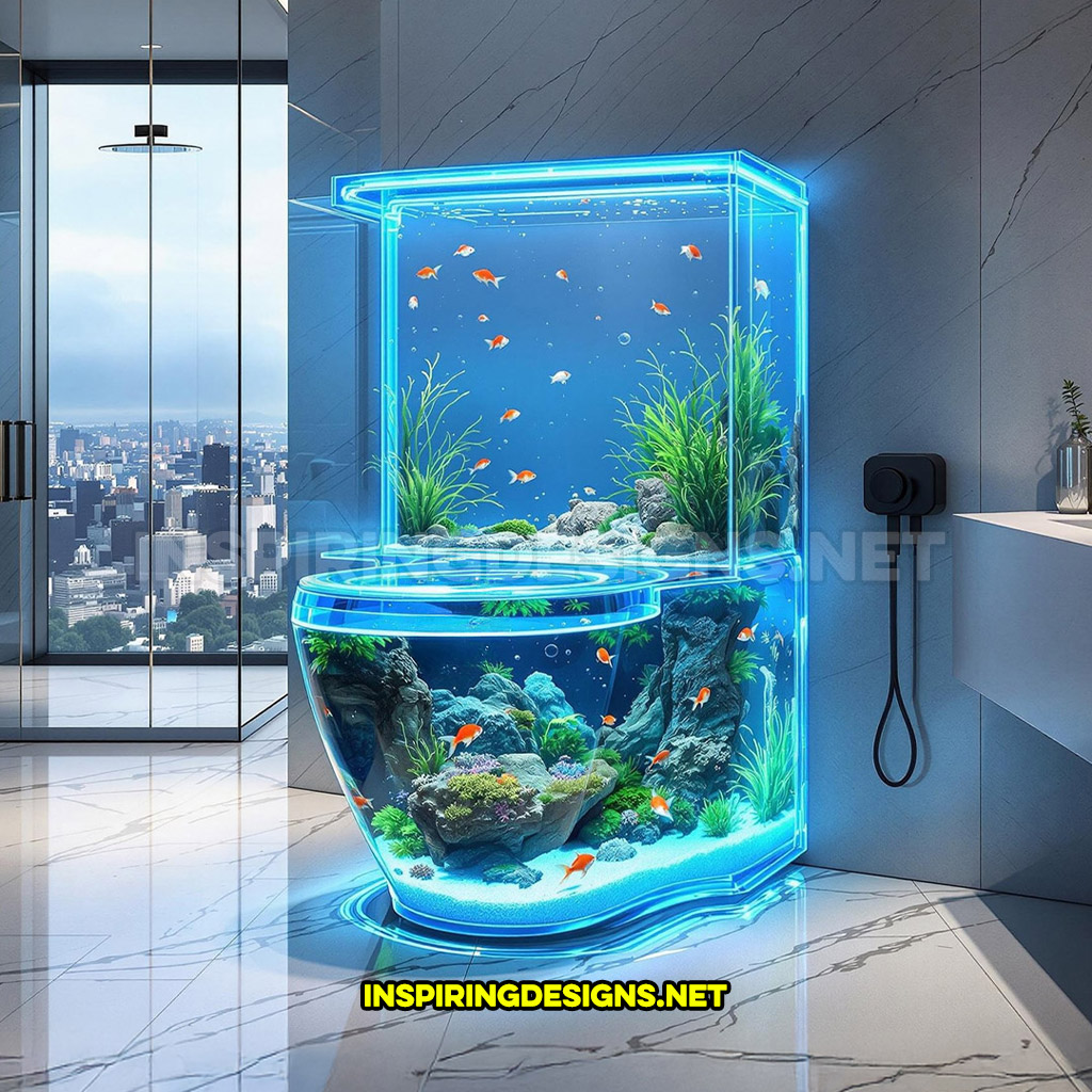 aquarium toilet in an all glass design with with a hight tank design