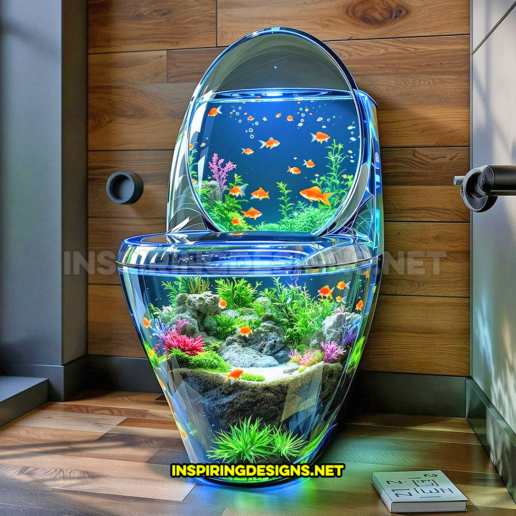 aquarium toilet in an all glass design in a rustic modern home