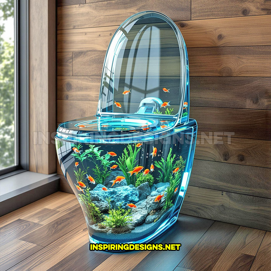 aquarium toilet in an all glass design in a rustic modern home