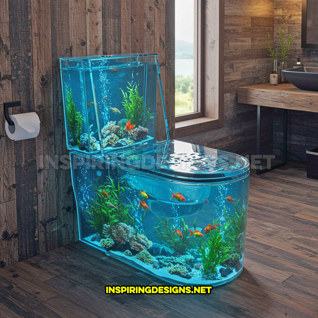 aquarium toilet in an all glass design with visible plumbing in a rustic modern home