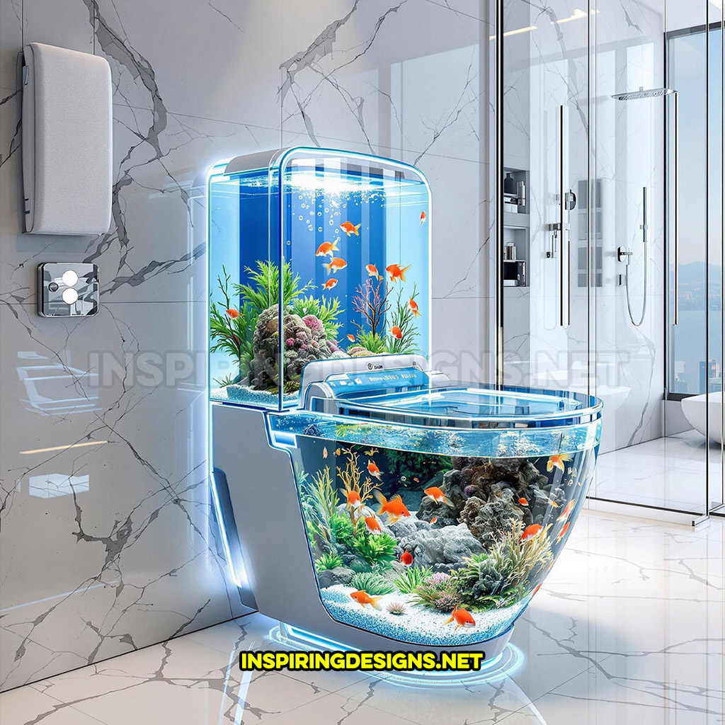 aquarium toilet with smart tech and a white and glass design