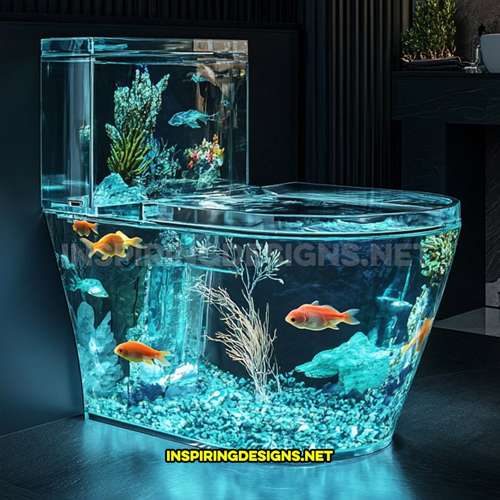 aquarium toilet in an all glass design with visible plumbing in a modern home