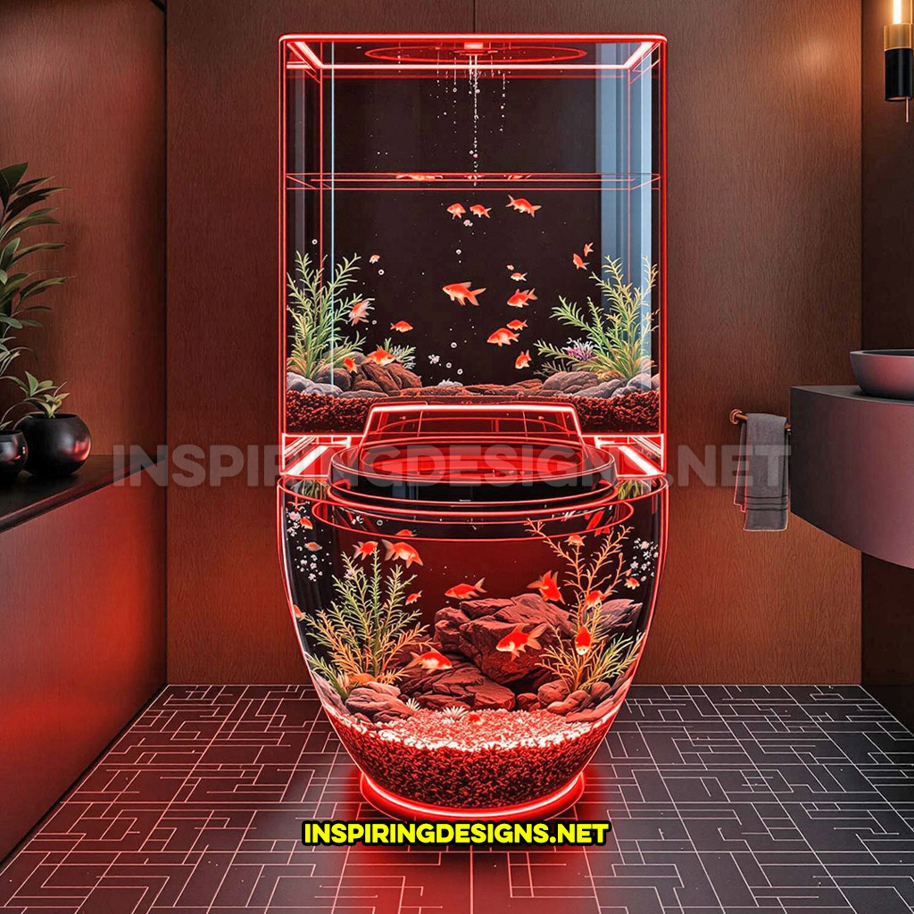 aquarium toilet in an red tinted glass design in a modern home