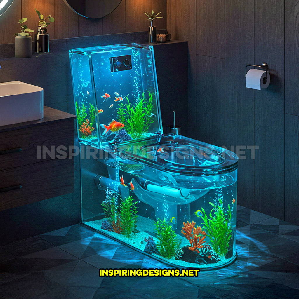 aquarium toilet in an all glass design with visible plumbing in a rustic modern home