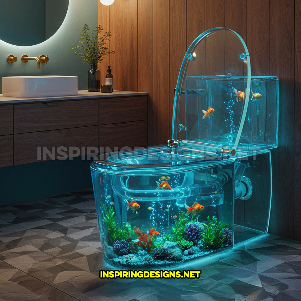 aquarium toilet in a blue tinted glass design with visible plumbing in a modern home