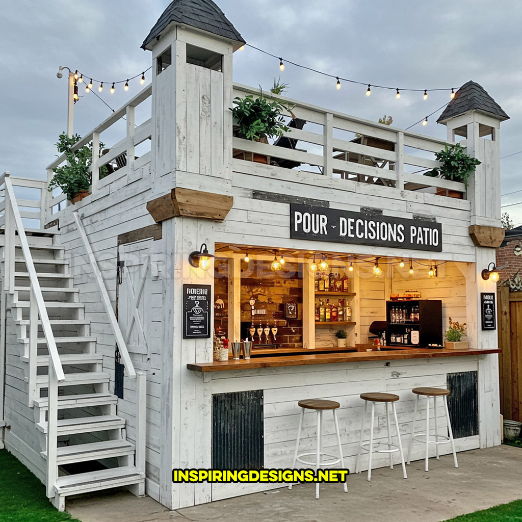 DIY backyard bar in a white and black color palette