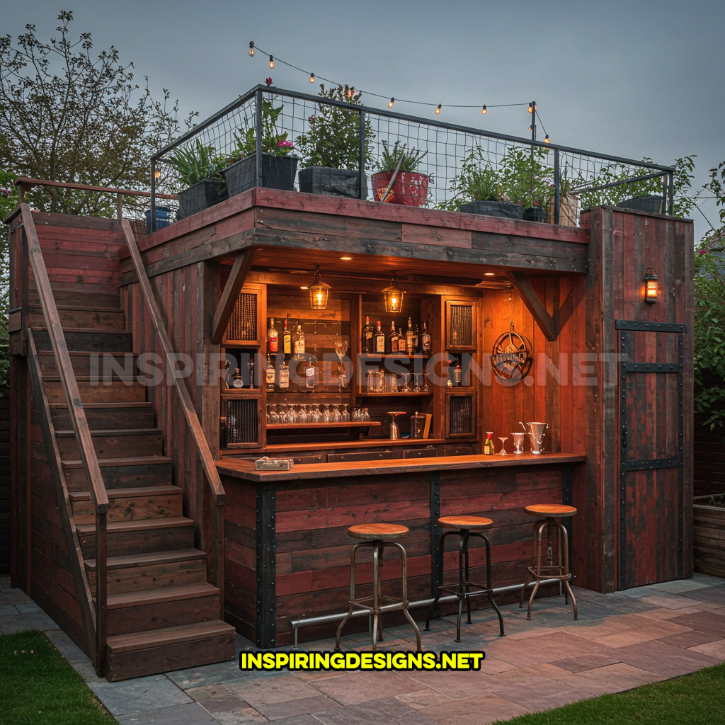 DIY backyard bar in a dark red and black color palette