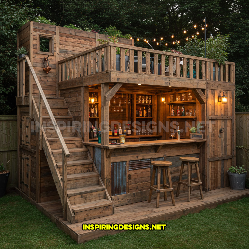 DIY backyard bar in a natural brown color palette