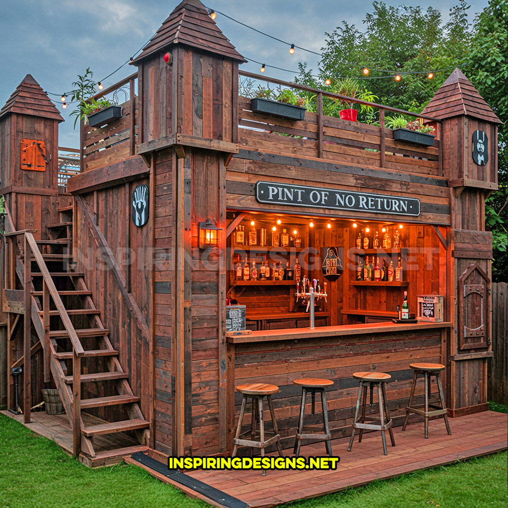 DIY backyard bar in a dark red and black color palette