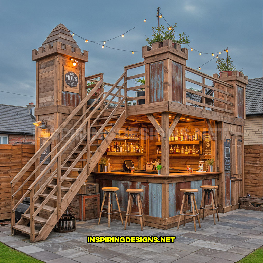 DIY backyard bar in a natural brown with tin color palette