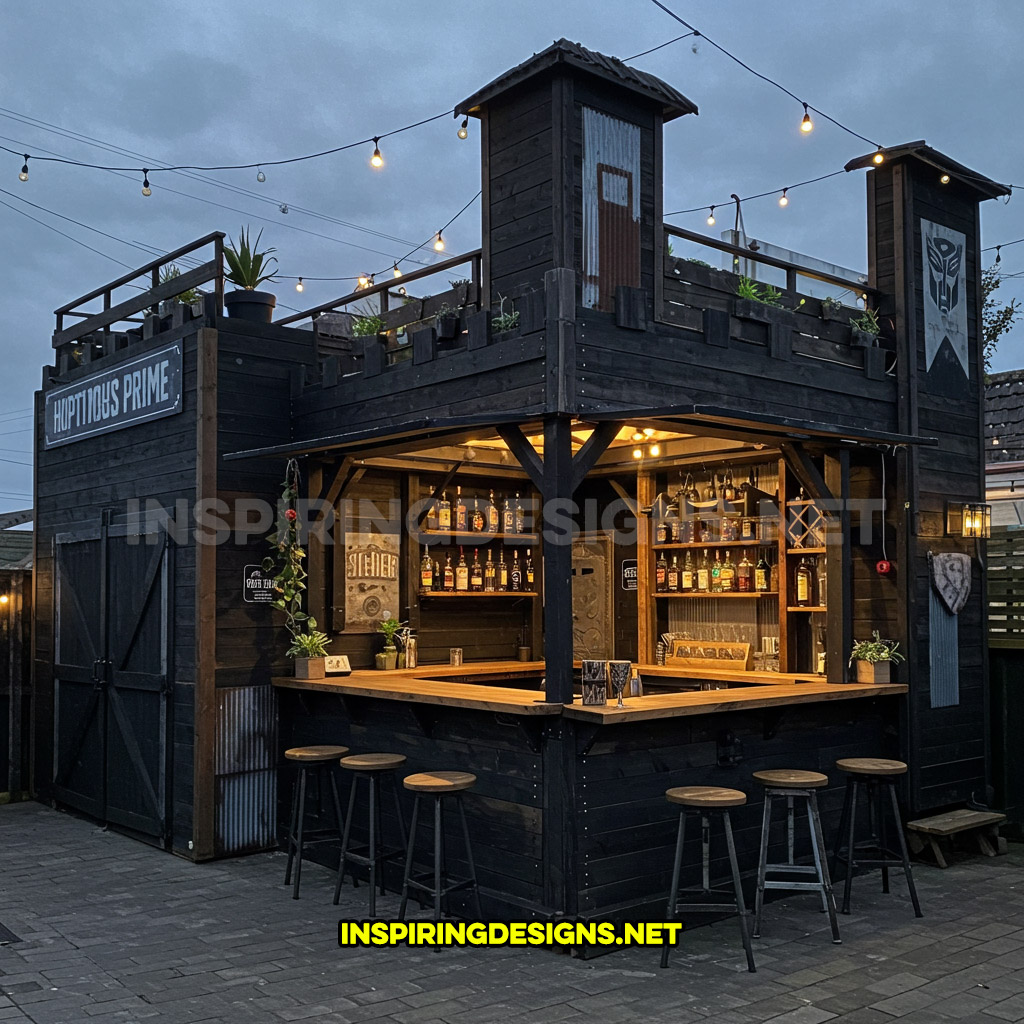 DIY backyard bar in an all black color palette