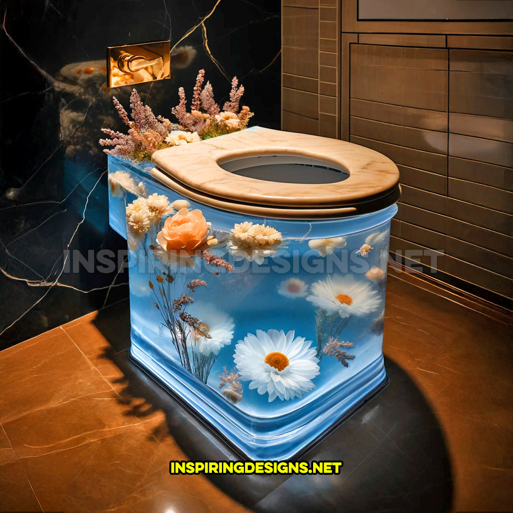 An epoxy flower toilet in a white daisies, peach blossoms, and lavender sprigs design