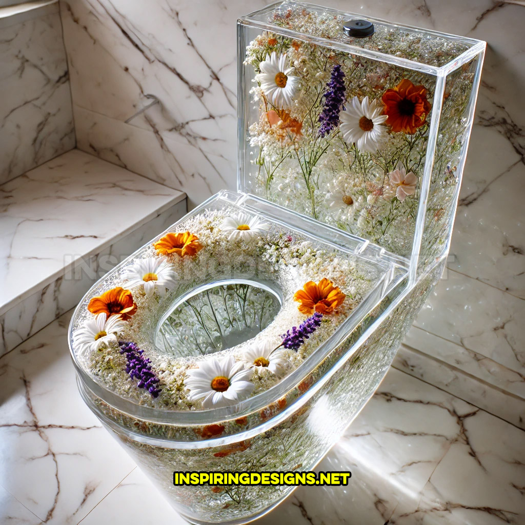 An epoxy flower toilet with a white daisies, orange blossoms, and purple lavender design