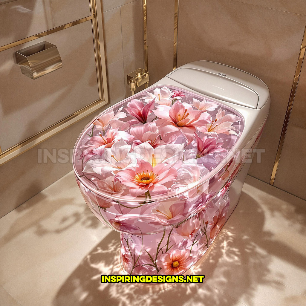 An epoxy flower toilet in a cherry blossoms, calla lilies, and marigolds design