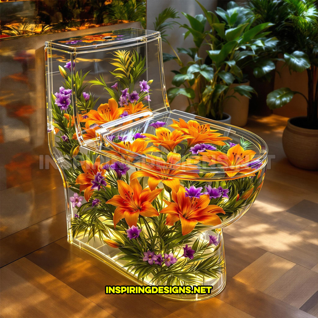 An epoxy flower toilet with an orange lilies and purple blossoms design