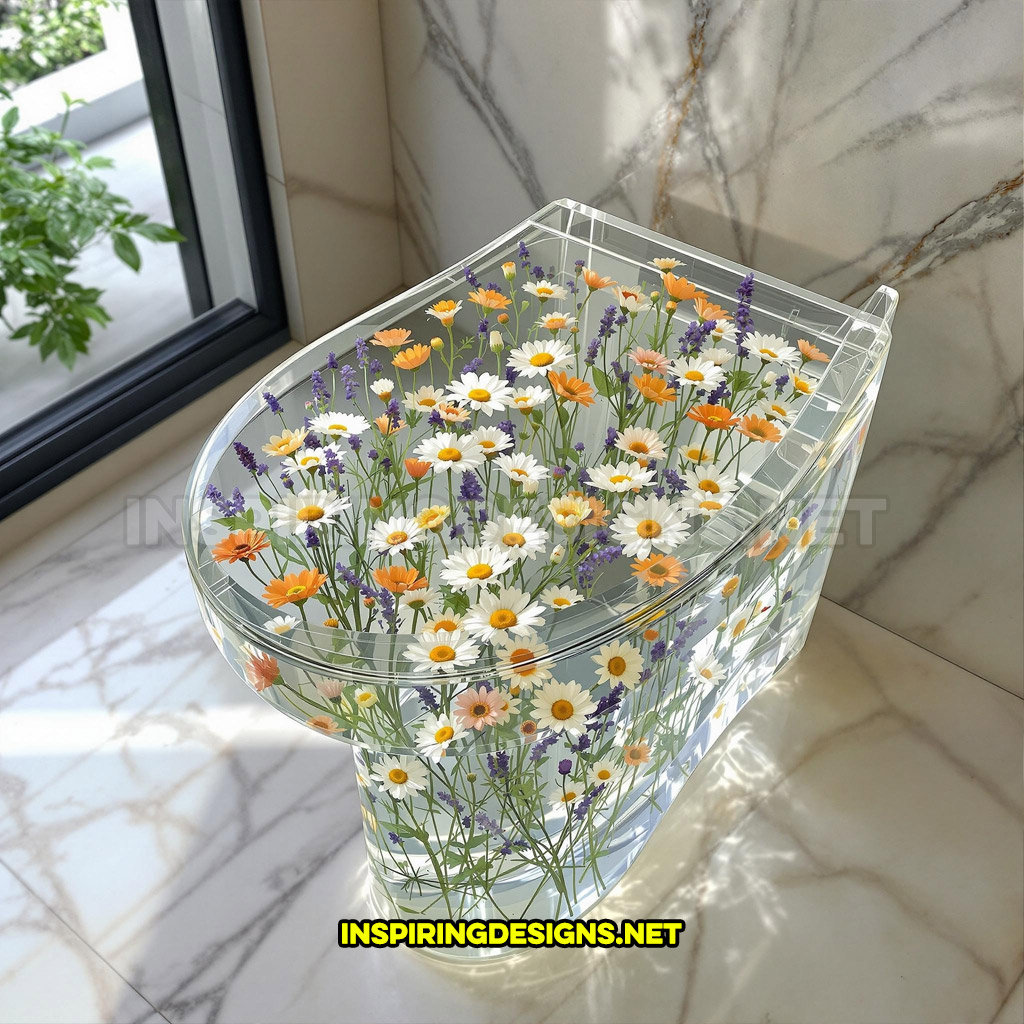 An epoxy flower toilet with a daisy flower design