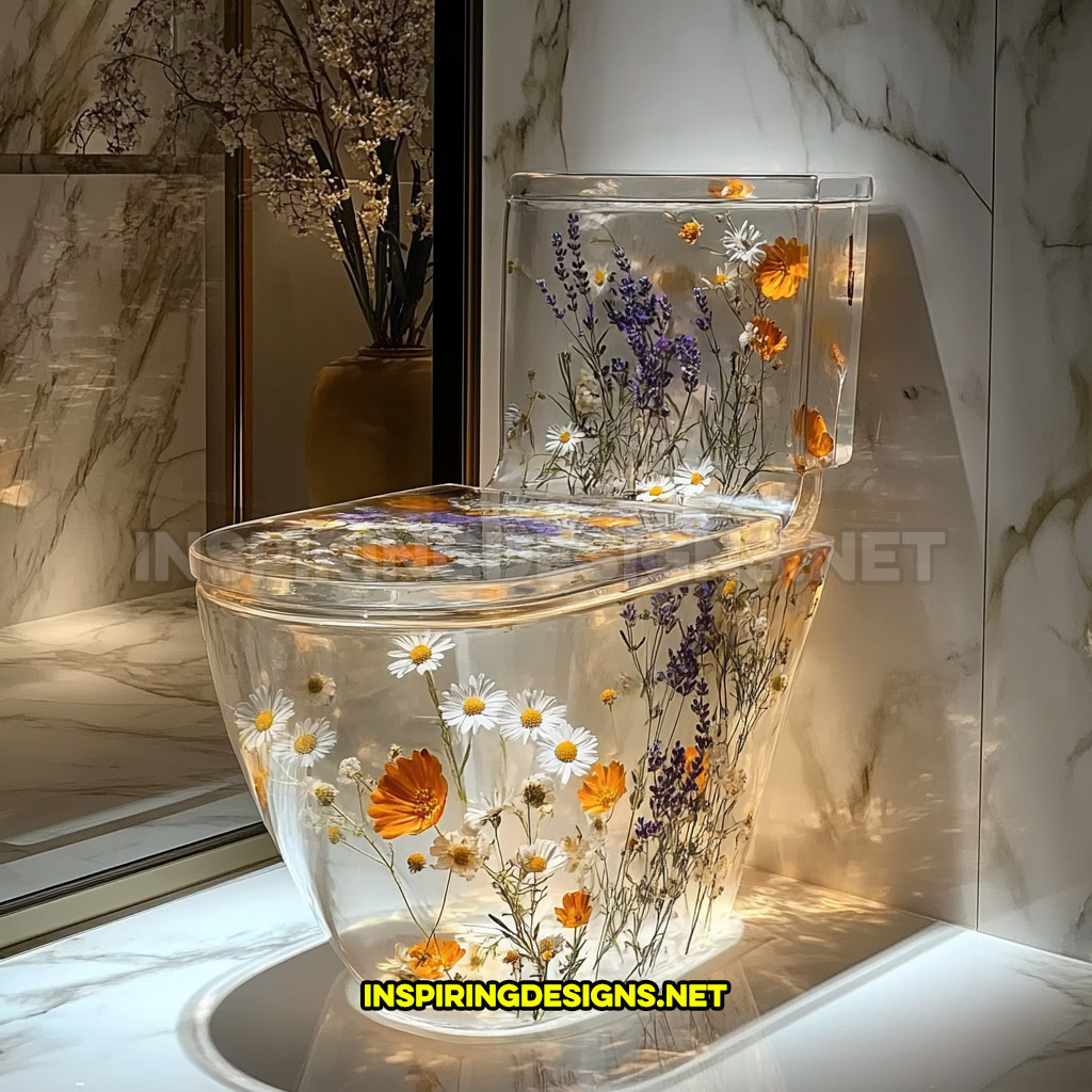 An epoxy flower toilet with a daisy flower design