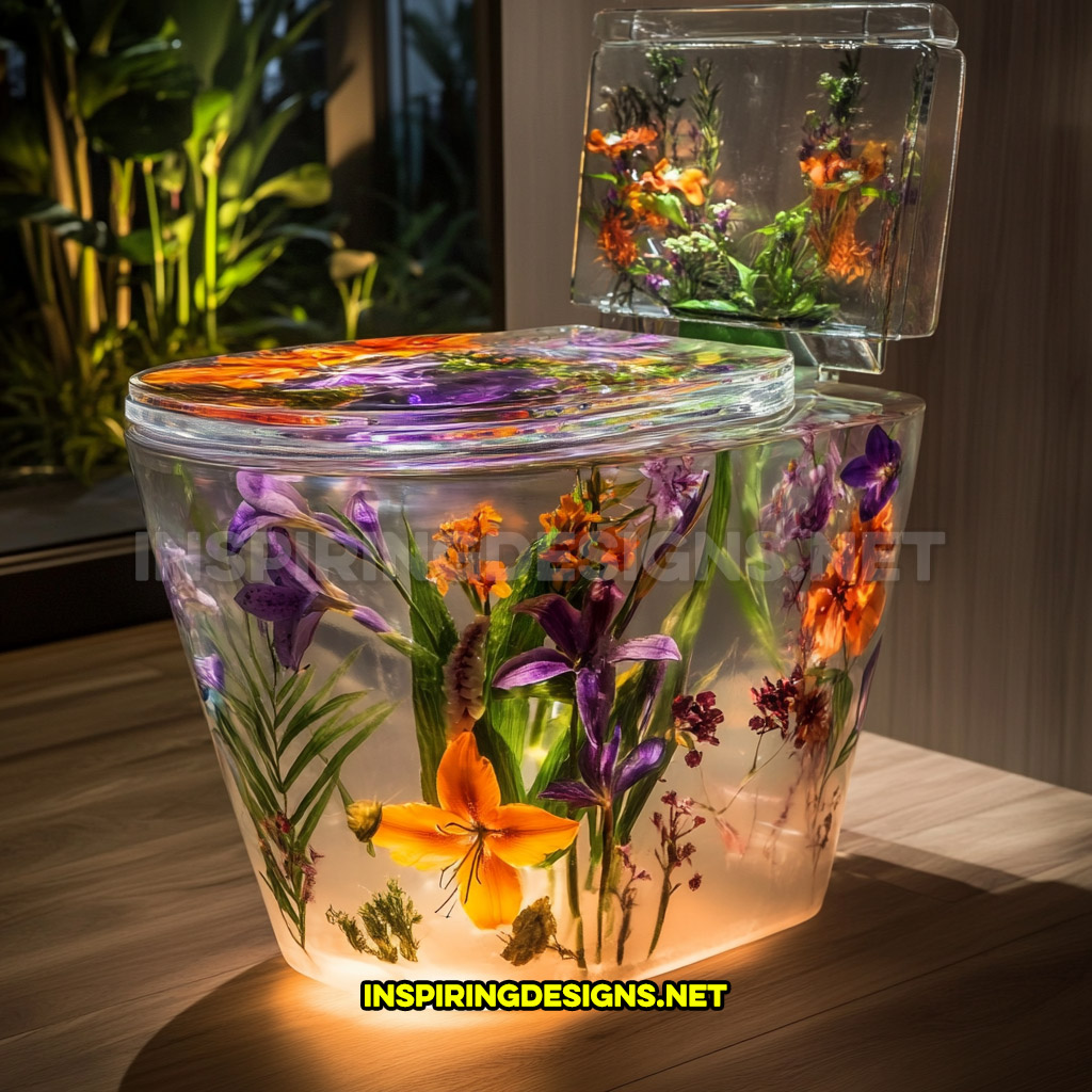 An epoxy flower toilet with a bright orange lilies and purple blossoms design