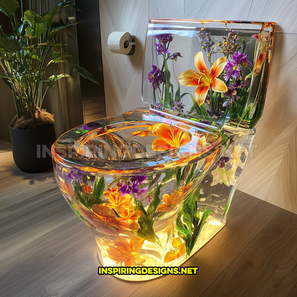 An epoxy flower toilet with a bright orange lilies and purple blossoms design