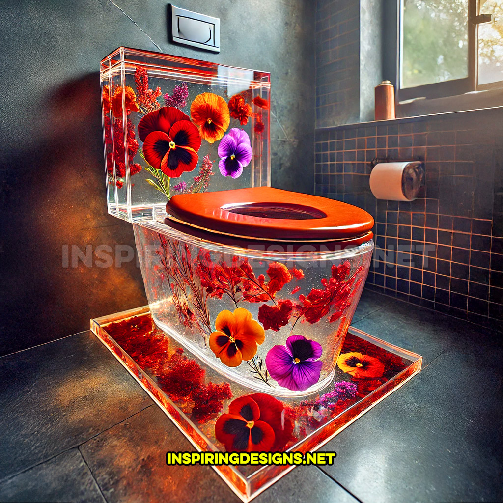 An epoxy flower toilet in a petunias and hibiscus design