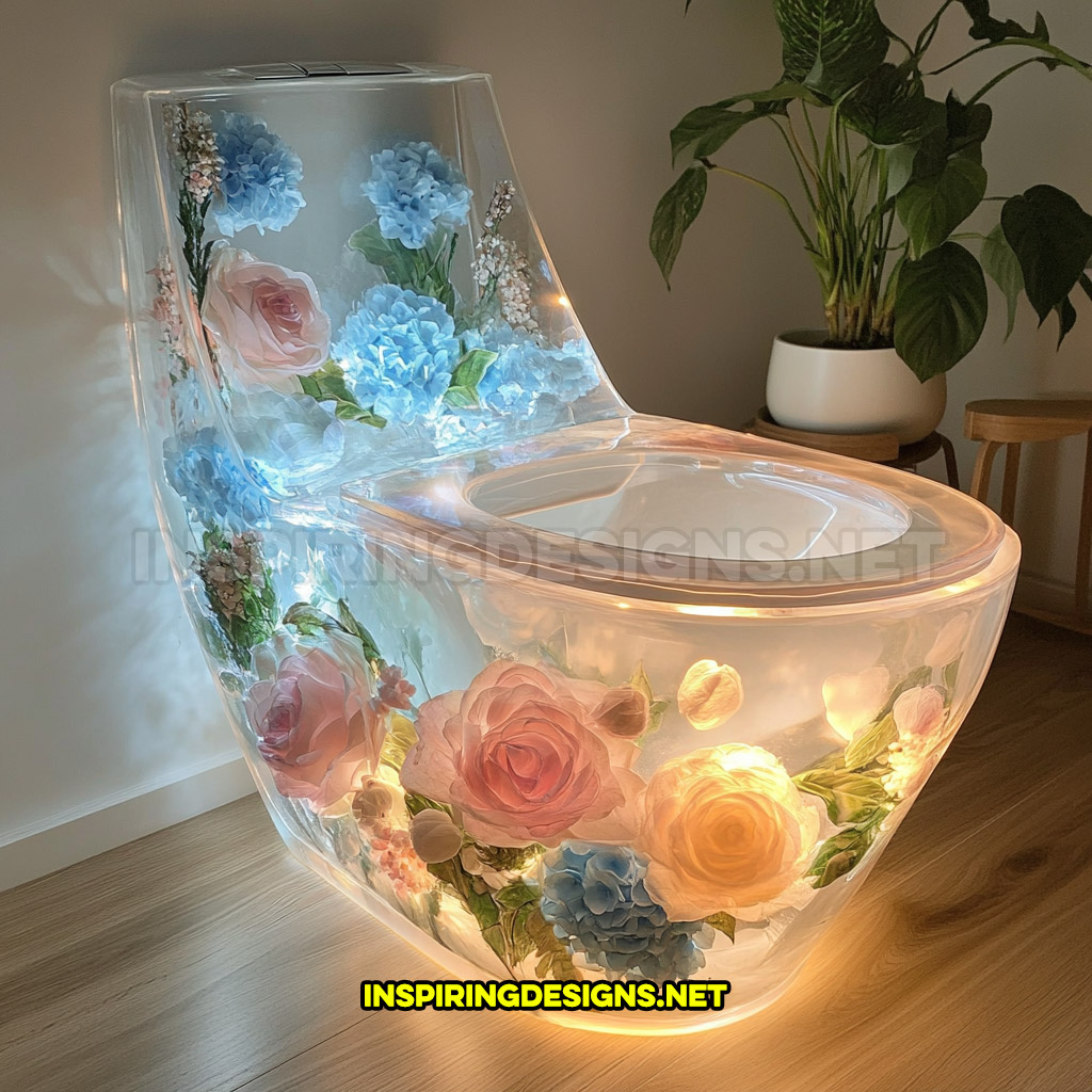 An epoxy flower toilet in a pink roses, blue hydrangeas, and white peonies design