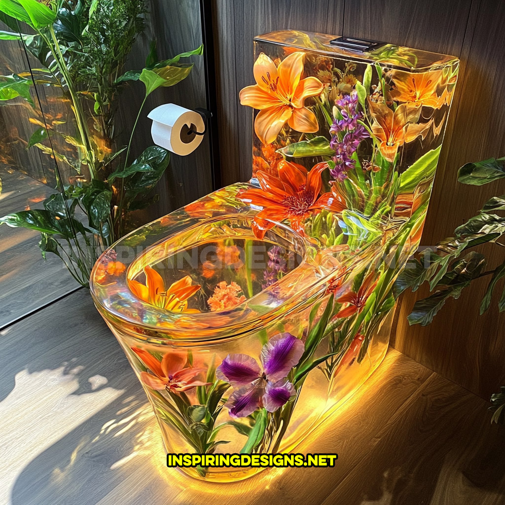 An epoxy flower toilet with a bright orange lilies and purple blossoms design