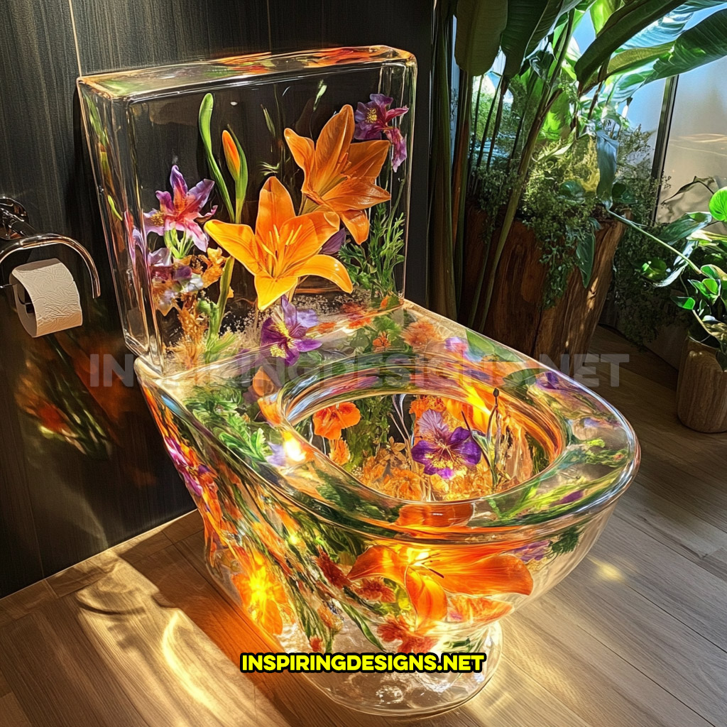 An epoxy flower toilet with a bright orange lilies and purple blossoms design