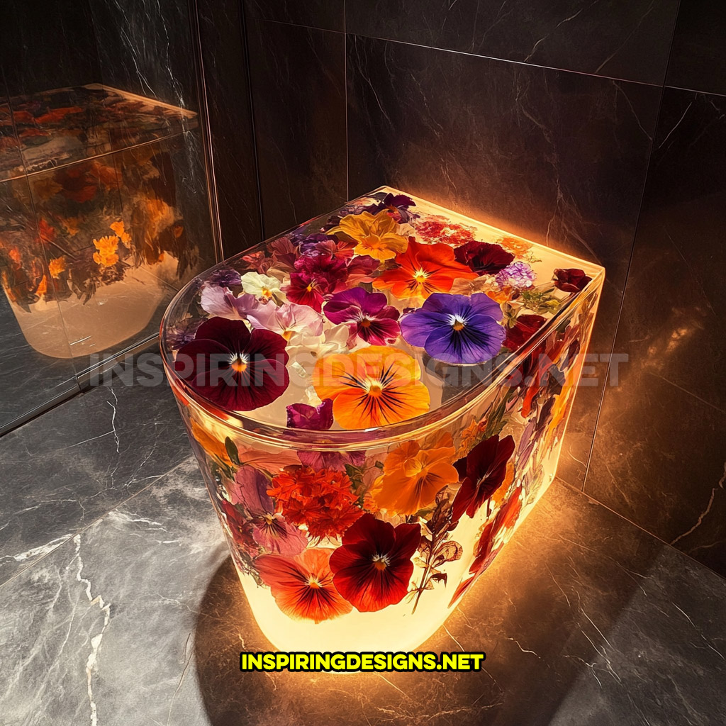 An epoxy flower toilet in a petunias and hibiscus design