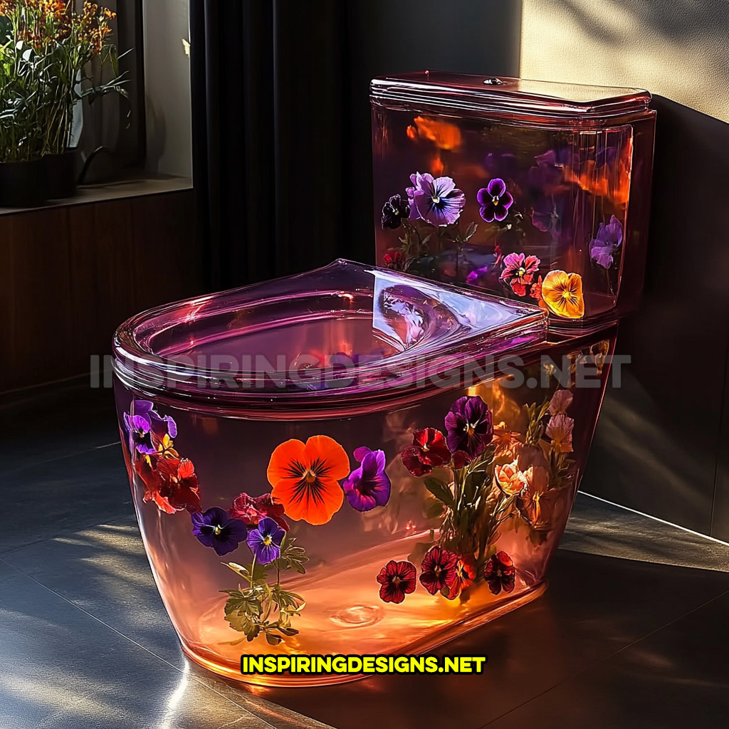 An epoxy flower toilet in a petunias and hibiscus design