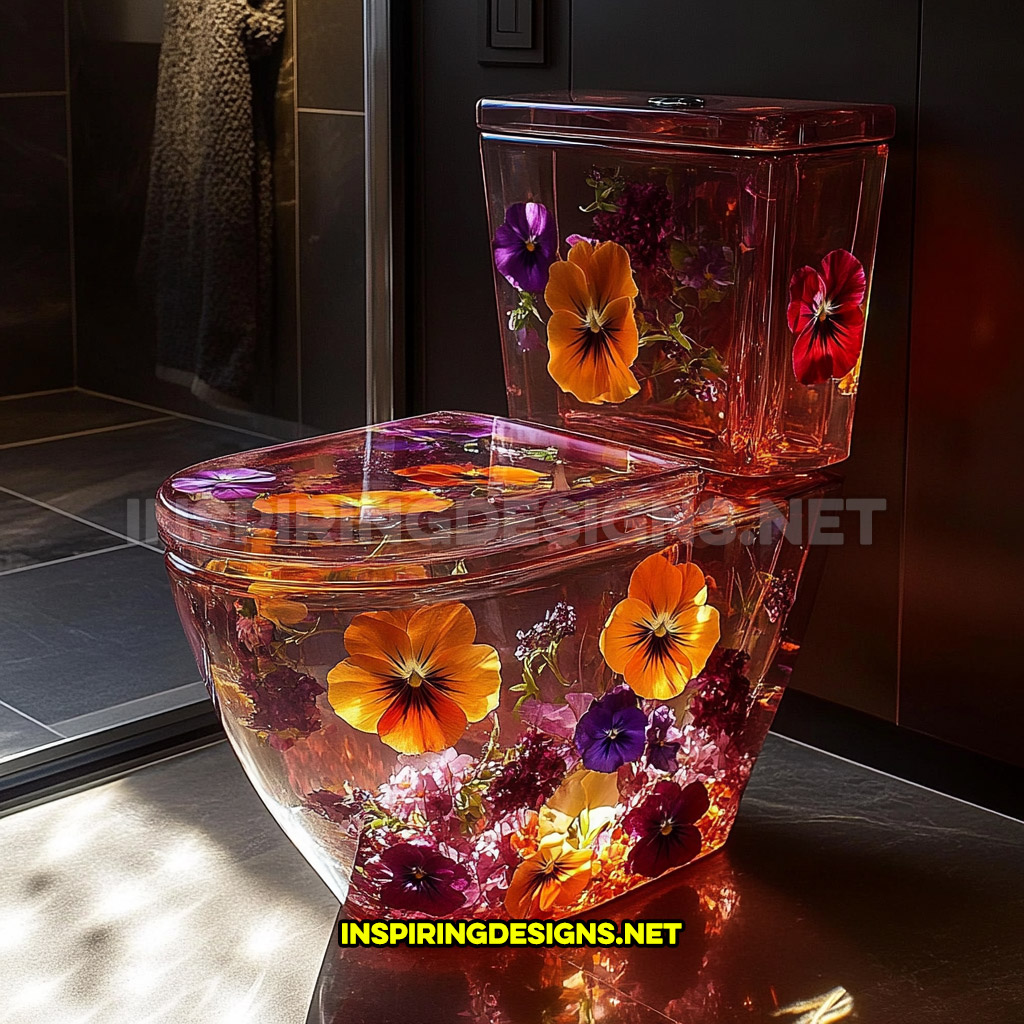 An epoxy flower toilet in a petunias and hibiscus design