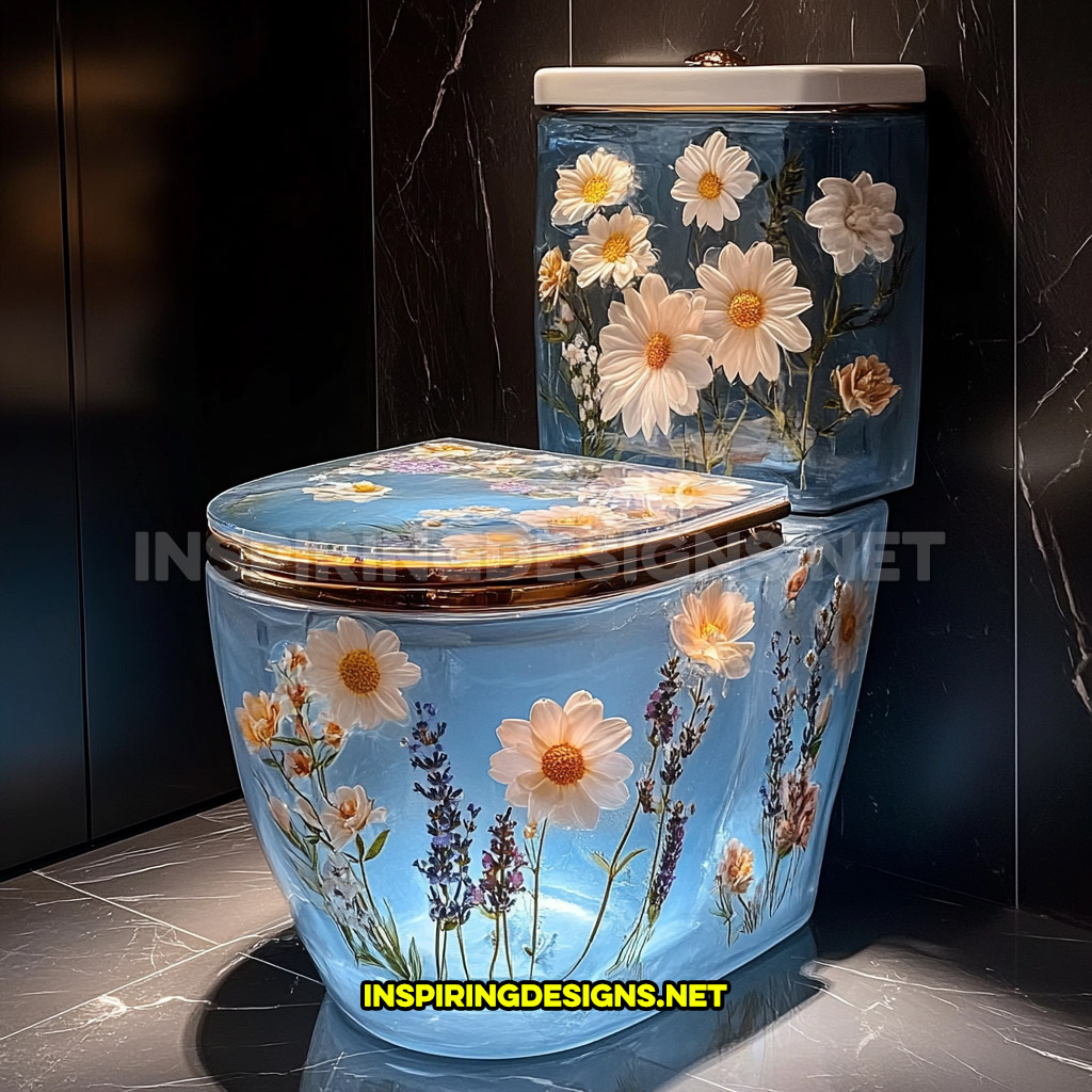 An epoxy flower toilet in a white daisies, soft peach blossoms, and lavender sprigs design