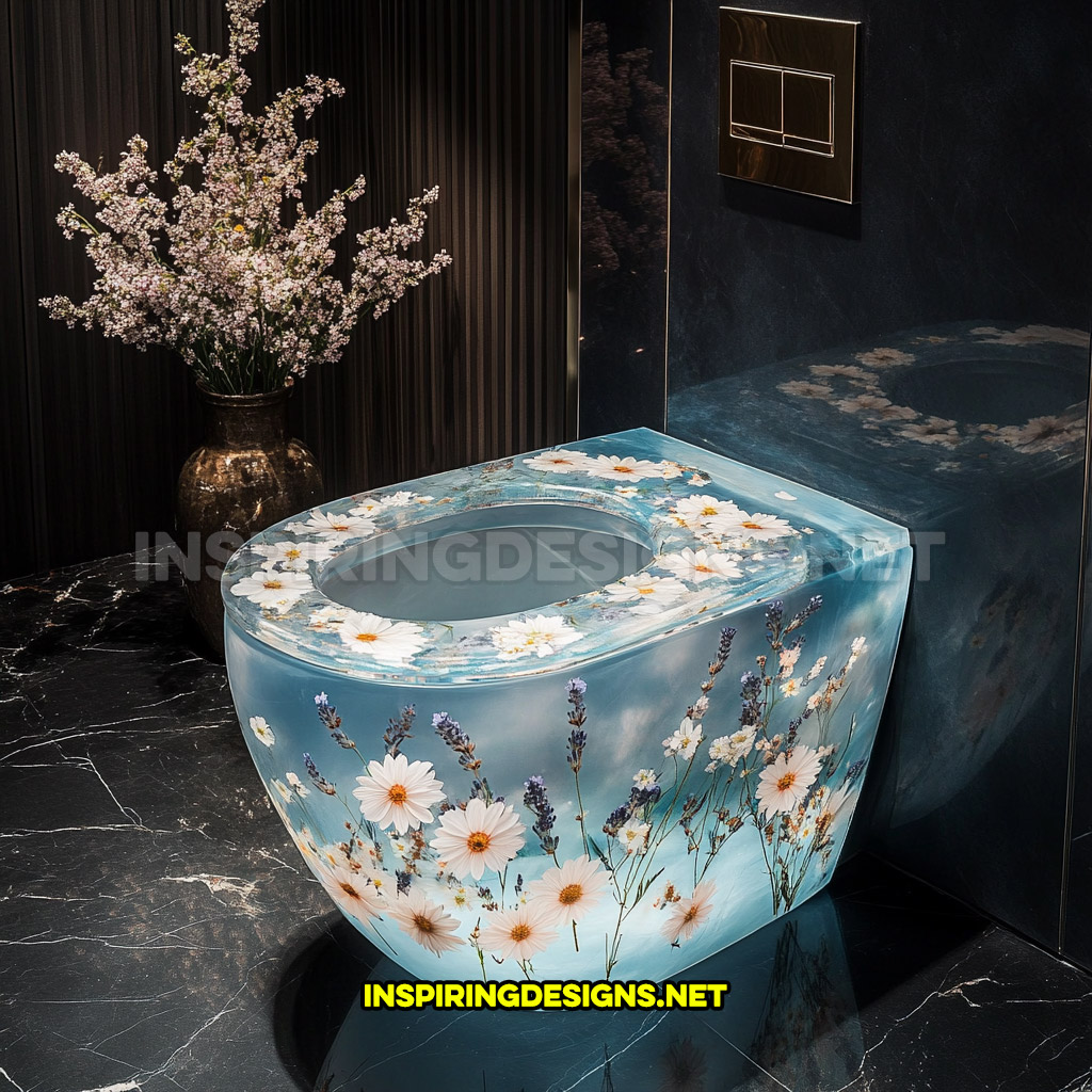 An epoxy flower toilet in a white daisies, soft peach blossoms, and lavender sprigs design