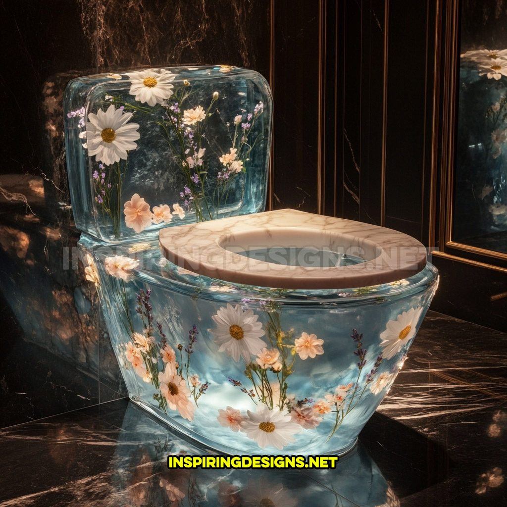 An epoxy flower toilet in a white daisies, soft peach blossoms, and lavender sprigs design