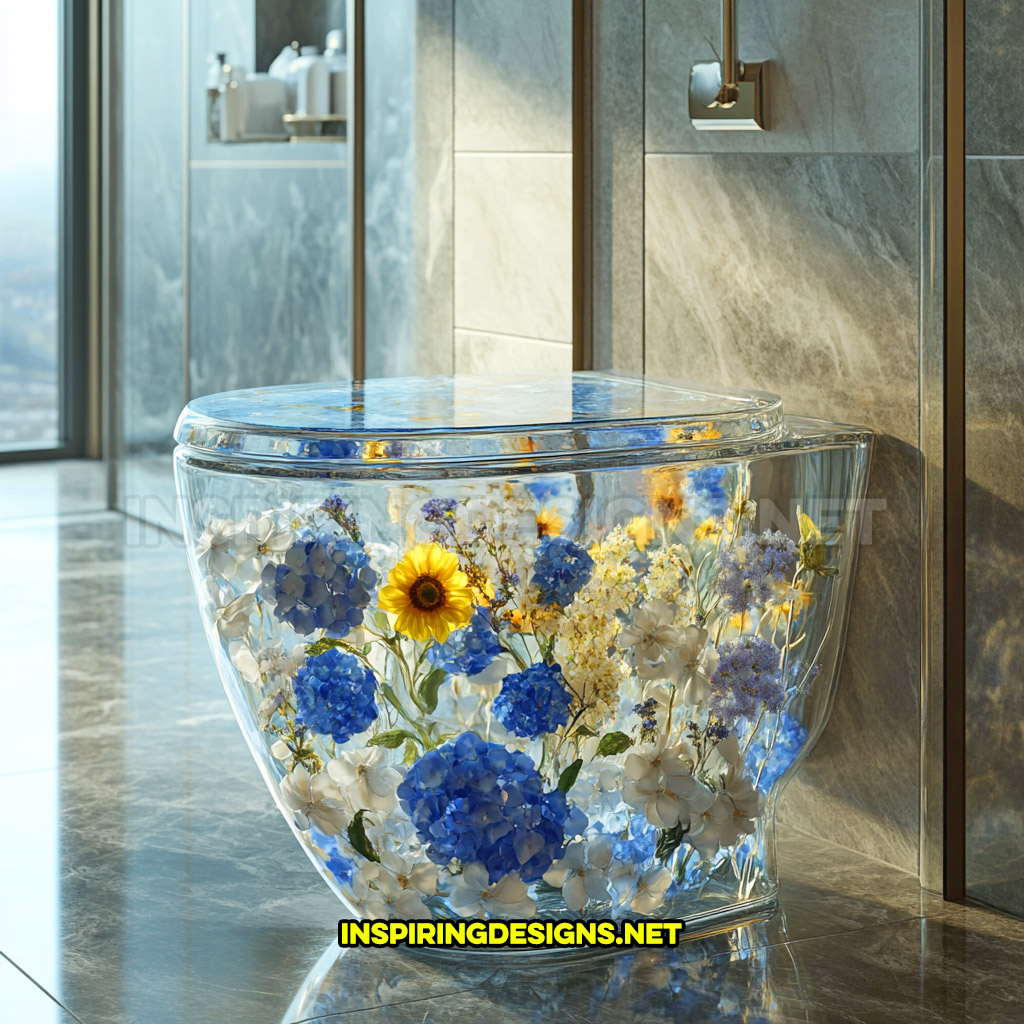 An epoxy flower toilet with a blue hydrangeas design