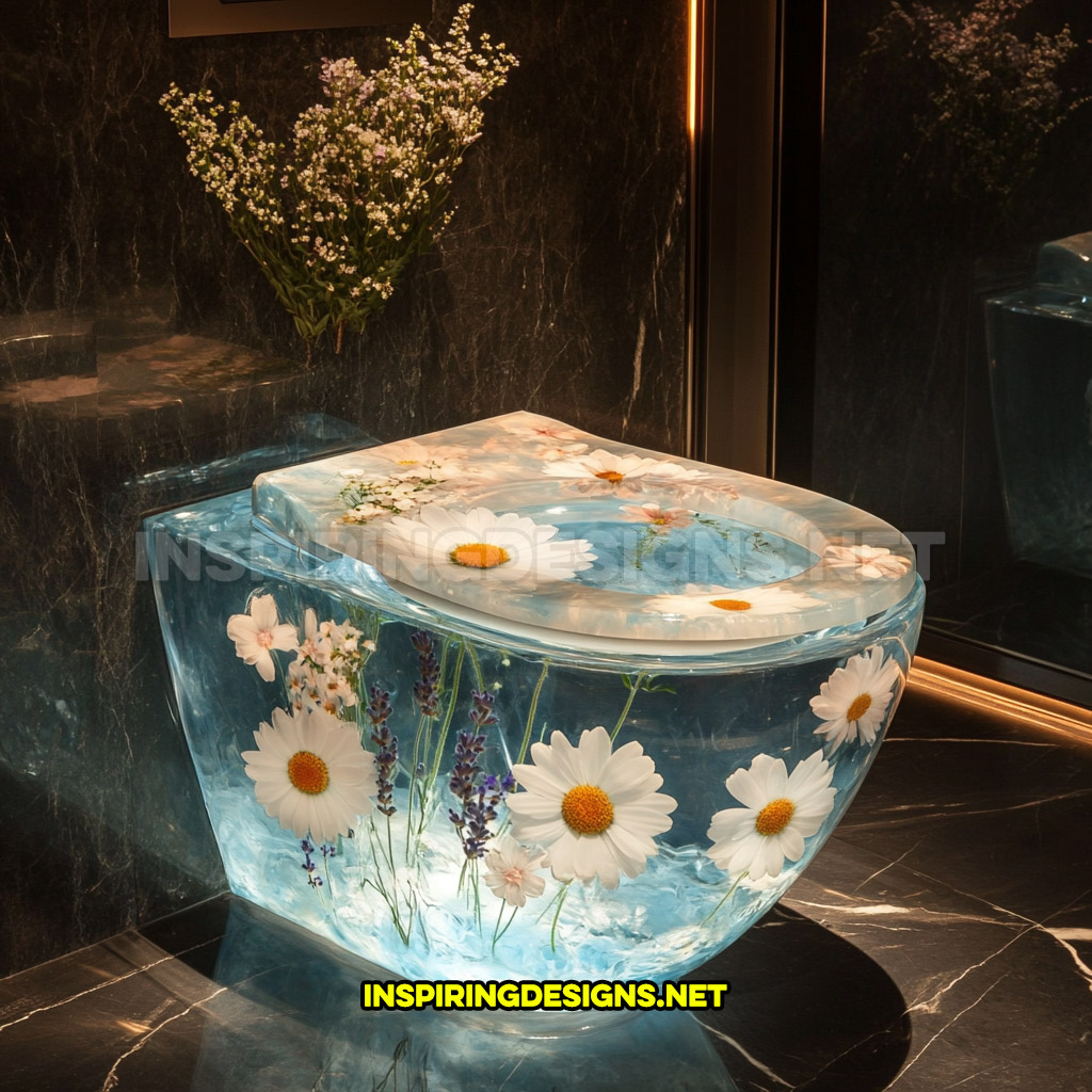 An epoxy flower toilet in a white daisies, peach blossoms, and lavender sprigs design