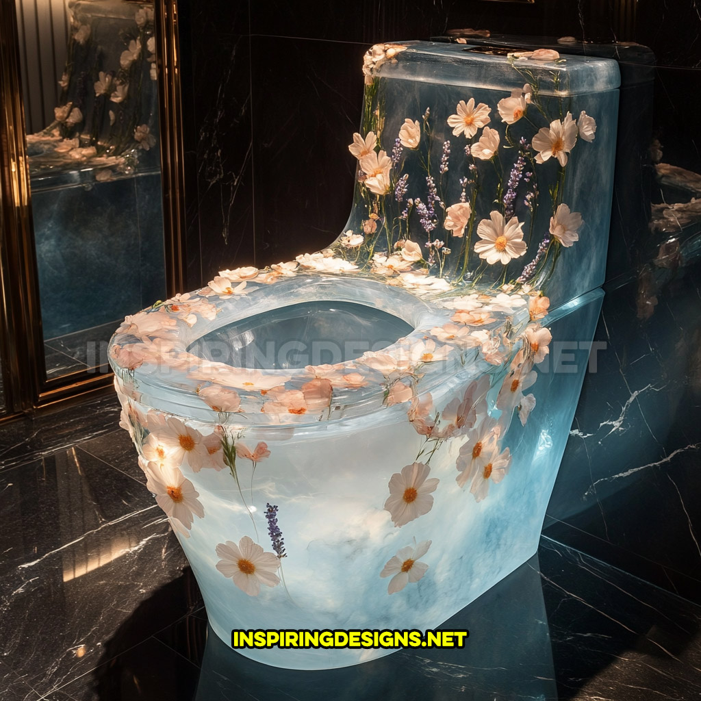 An epoxy flower toilet in a white daisies, soft peach blossoms, and lavender sprigs design