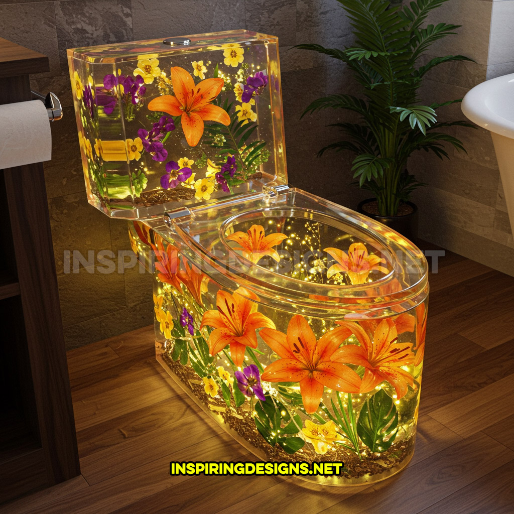 An epoxy flower toilet with a bright orange lilies and purple blossoms design