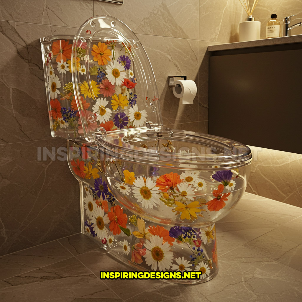 An epoxy flower toilet in a white daisies, orange blossoms, and purple lavender design