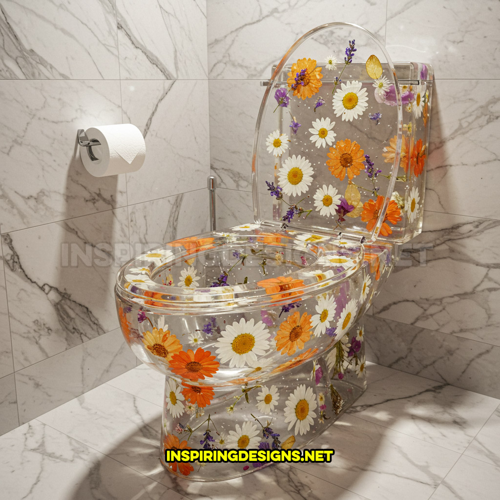 An epoxy flower toilet in a white daisies, orange blossoms, and purple lavender design