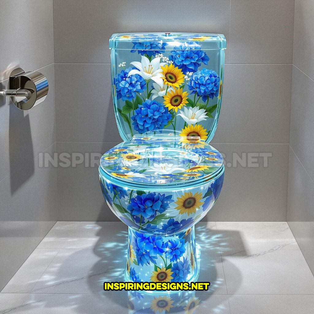 An epoxy flower toilet in a blue hydrangeas, white gardenias, and yellow sunflowers design