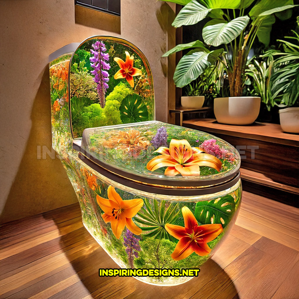 An epoxy flower toilet in an orange lilies and purple blossoms design