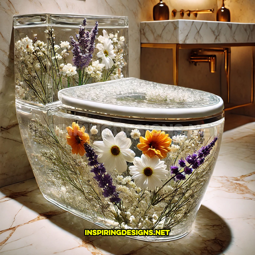 An epoxy flower toilet with a white daisies, orange blossoms, and purple lavender design