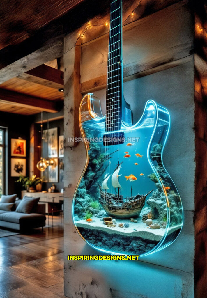 wall mounted guitar aquarium in a blue design with a sunken ship statue