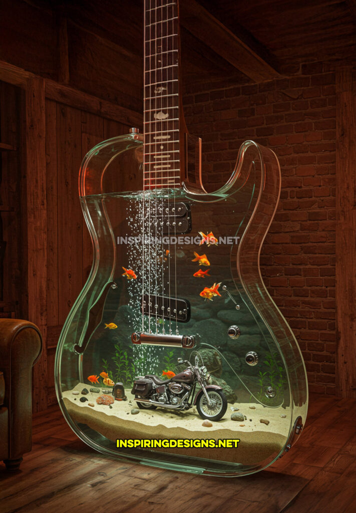 guitar aquarium in a clear design with a motorcycle statue