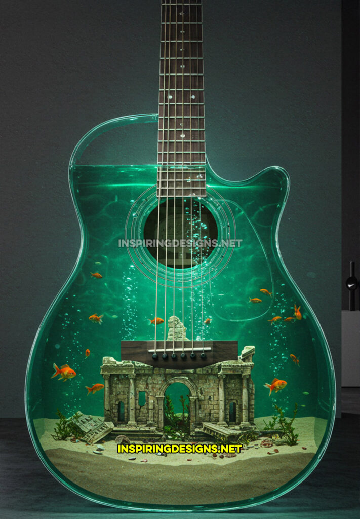 guitar aquarium in a green design with a ruins building statue