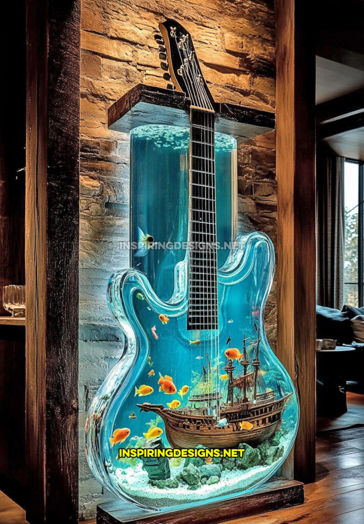 guitar aquarium in a blue design with a pirate ship statue