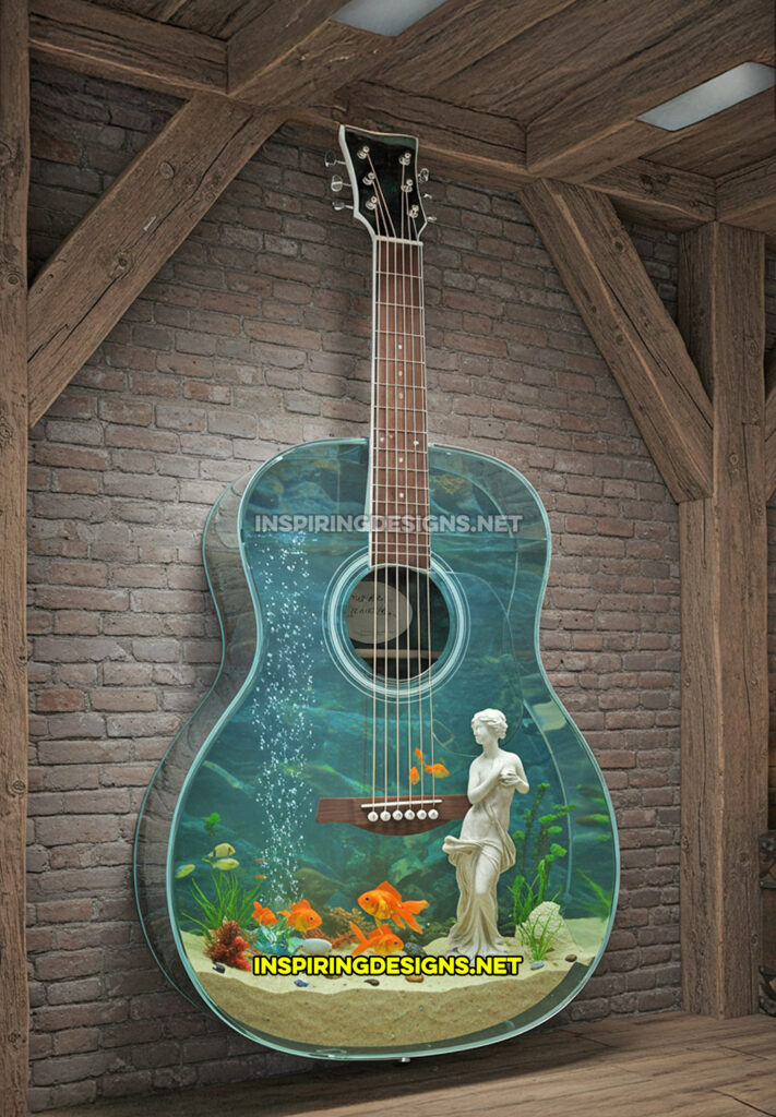 guitar aquarium in a blue design with a marble statue