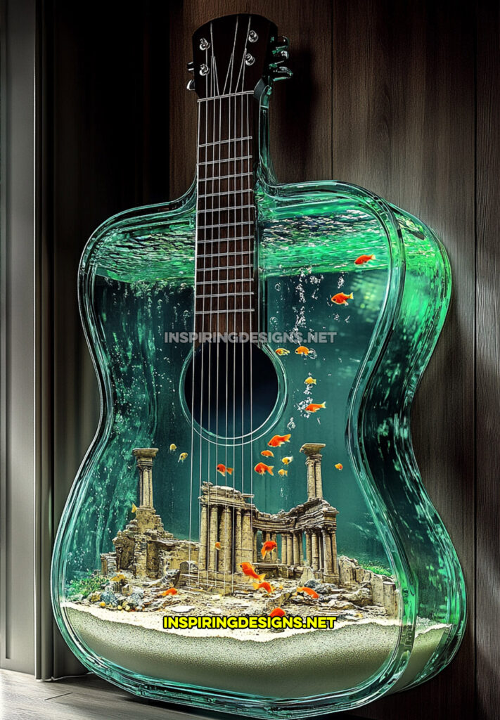 guitar aquarium in a blue design with a city in ruins statue