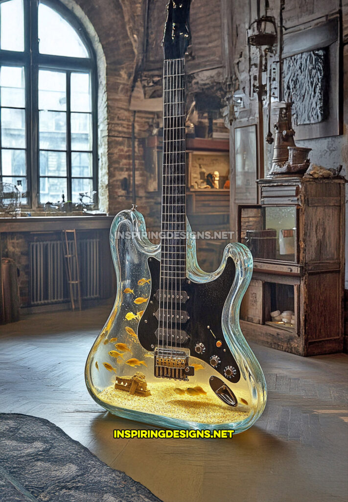 guitar aquarium in a black design in a free-standing model